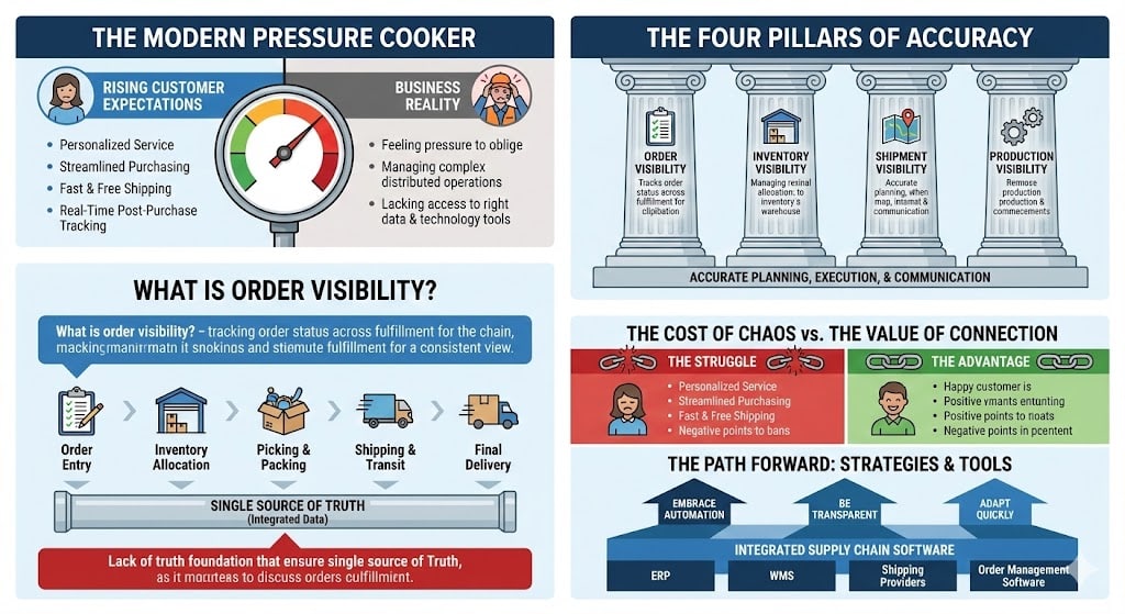 An infographic titled "Mastering Order Visibility: The Key to Modern Supply Chain Success" divided into five sections.
The Modern Pressure Cooker: The top left illustrates the tension between "Rising Customer Expectations" (fast shipping, tracking) and "Business Reality" (complex operations, lack of tools), featuring a pressure gauge in the red zone.
What is Order Visibility?: The middle left features a process flow chart from Order Entry to Final Delivery, connected by a pipe labeled "Single Source of Truth (Integrated Data)."
The Cost of Chaos vs. The Value of Connection: The bottom left compares "The Struggle" (broken chains, sad face, reactive workflows) with "The Advantage" (linked chains, happy face, proactive insights).
The Four Pillars of Accuracy: The top right displays four columns—Order Visibility, Inventory Visibility, Shipment Visibility, and Production Visibility—supporting a roof labeled "Accurate Planning, Execution, & Communication."
The Path Forward: The bottom right shows three upward arrows labeled "Embrace Automation," "Be Transparent," and "Adapt Quickly," resting on a foundation of "Integrated Supply Chain Software" including ERP and WMS systems.